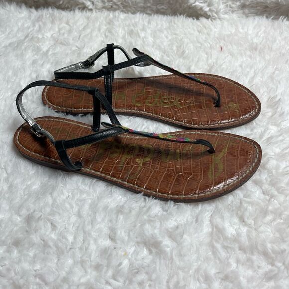 Sam Edelman Gigi leather multi color embroidery black T Strap thong sandals SZ9M - Picture 2 of 7